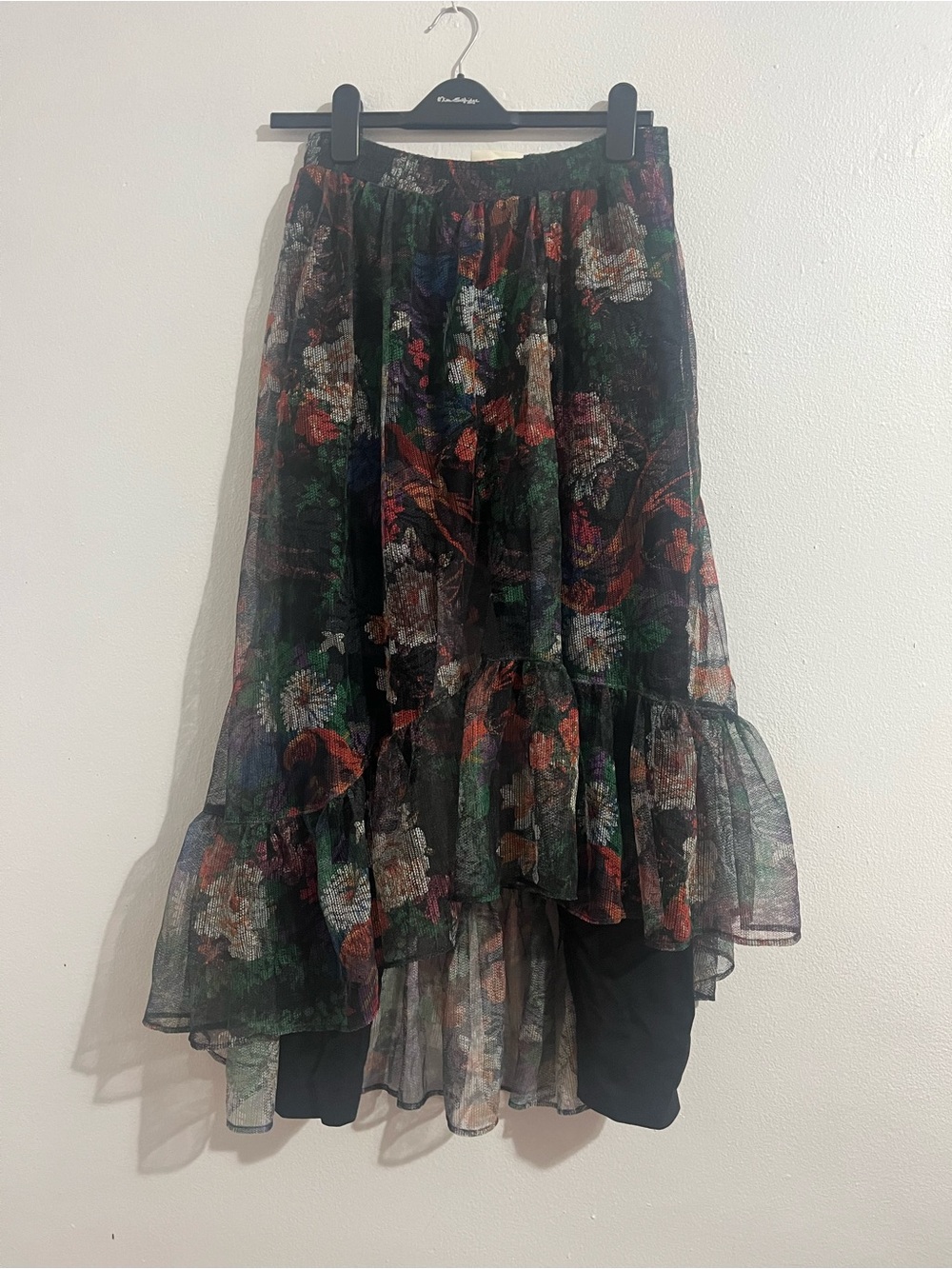 Anthropologie Maeve 2-in-1 Black Floral Maxi Skirt with leggings.